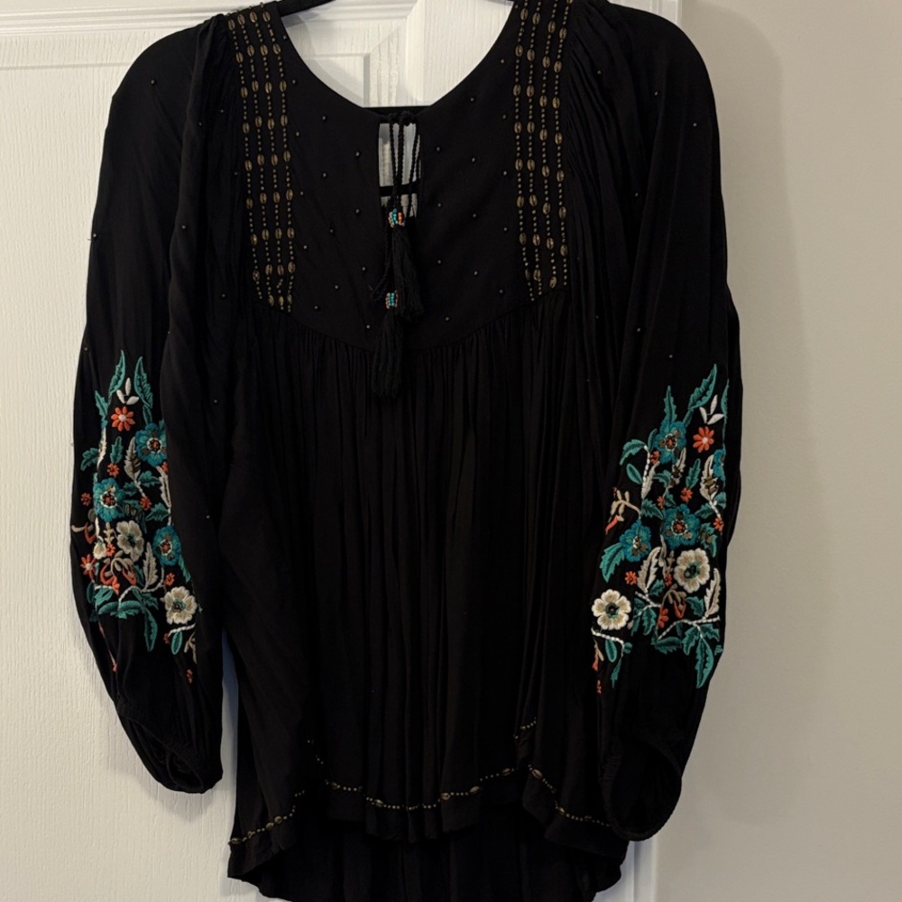 Anthropologie Black Flared Blouse with Floral Embroidery